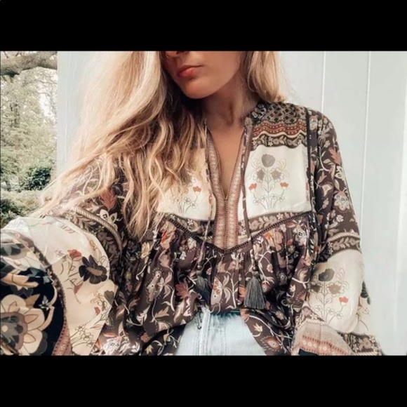 Fall Boho Gypsy Floral Print Peasant Blouse Tan - Picture 6 of 8